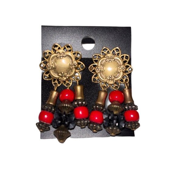 Vtg Goldtoned Metal Earrings w Multicolor Dangling Beads, Retro Statement - Picture 1 of 4